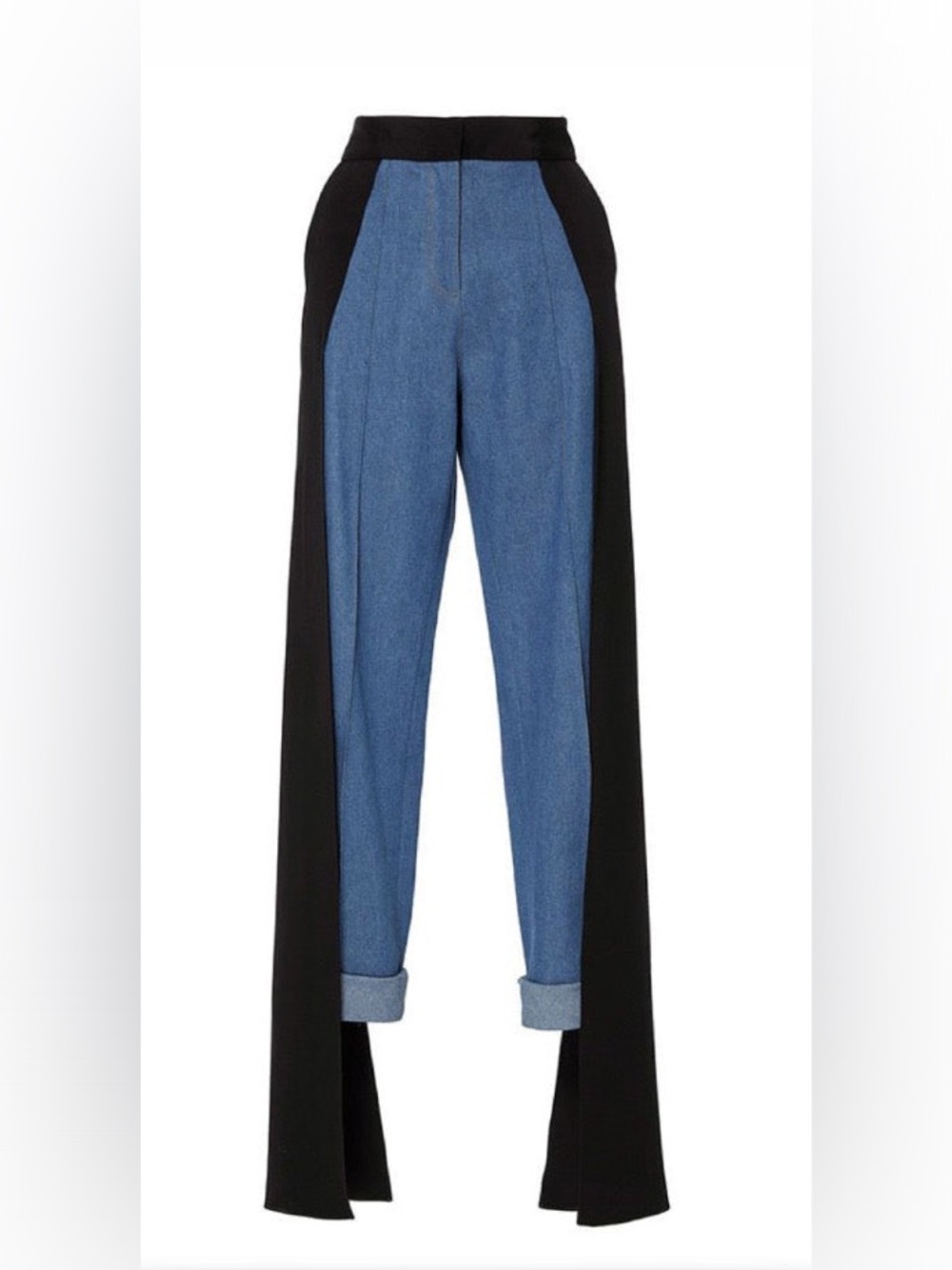 HELLESSY Jagger Blue Denim Black Silk Panels Deconstructed Cropped Denim Pants